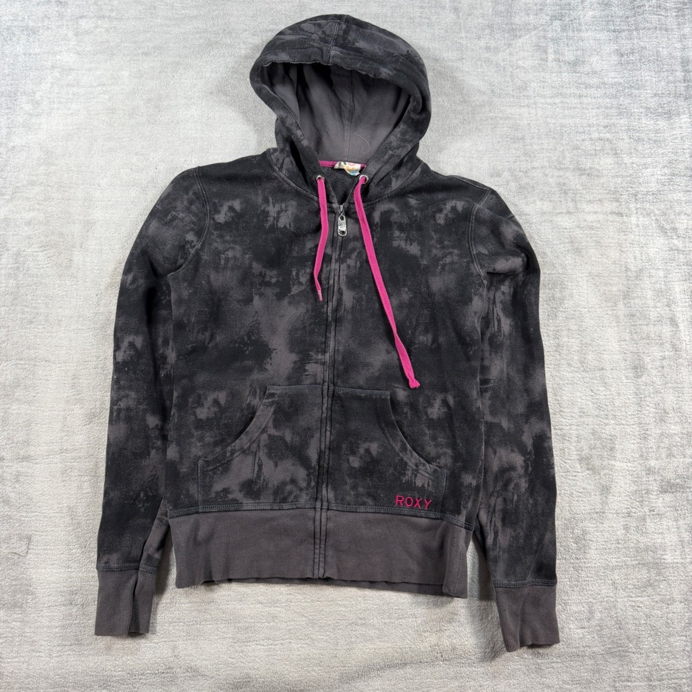 Roxy Sweatshirt Women Large Black Acid Wash Full Zip Hoodie Vintage Y2K Surf
